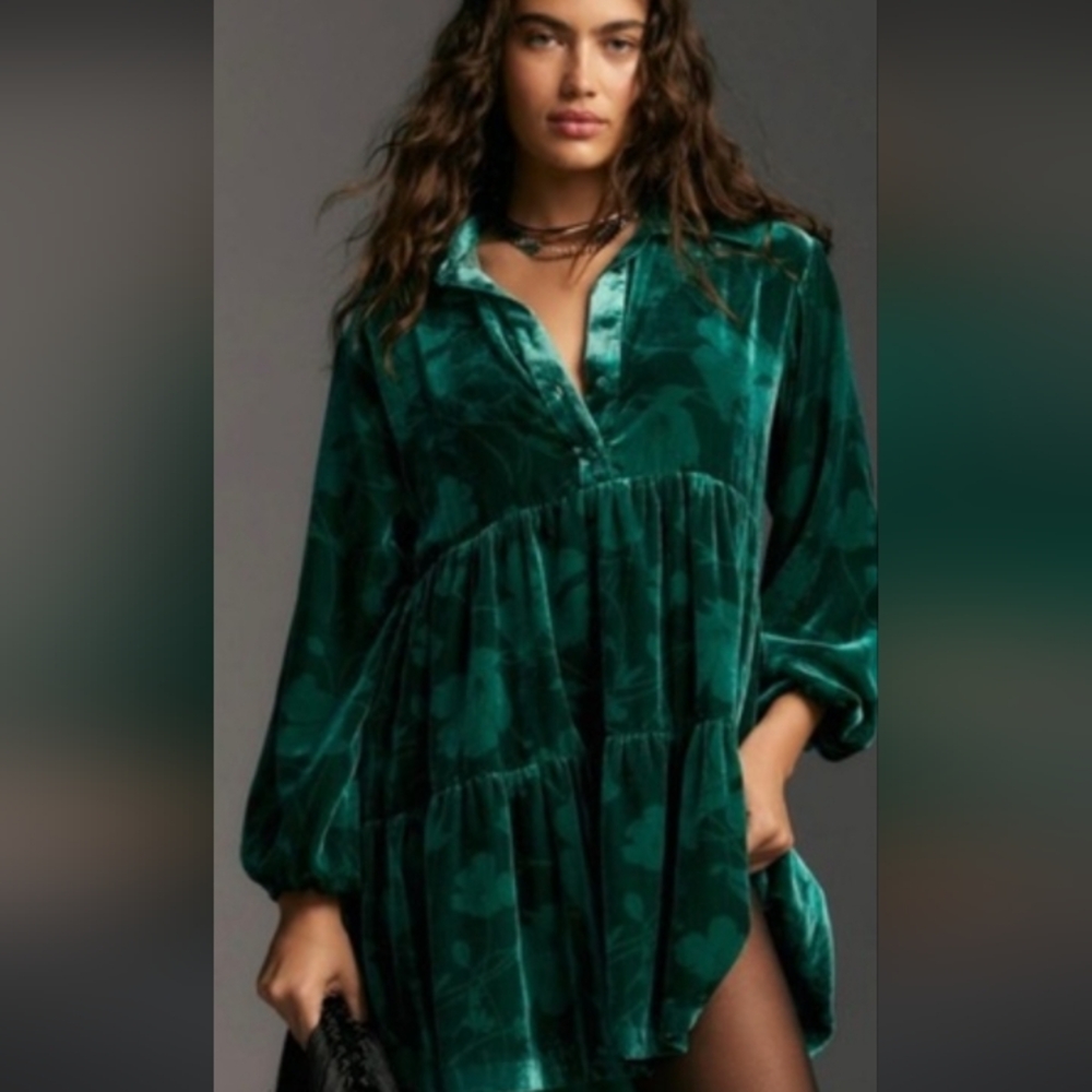 Maeve Anthropology Green Bettina Velvet Dress Size large